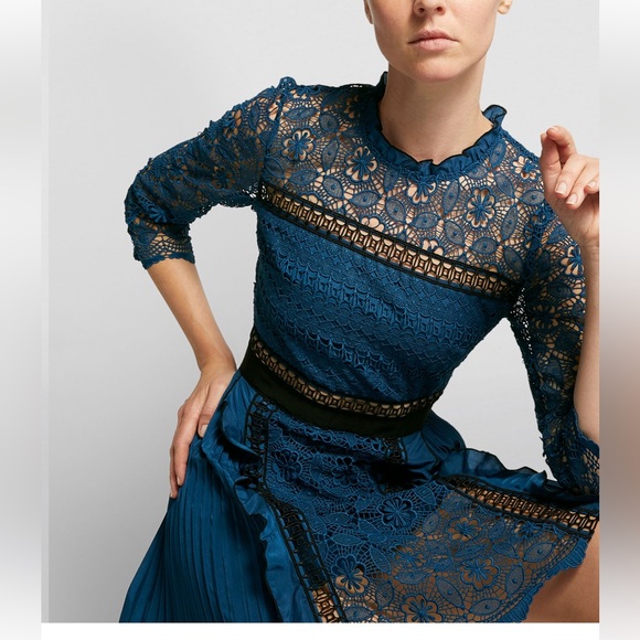 Self Portrait Guipure Lace Pleated Blue Mini Dress 4 - Picture 4 of 9